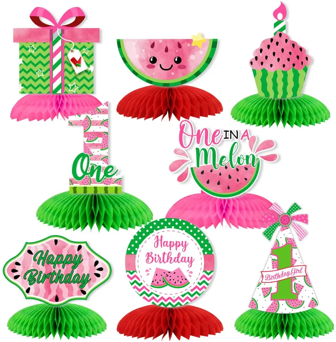 

Sursurprise-Watermelon Themed 1st Birthday Decorations, One in a Melon Fruit, Honeycomb Centerpieces, 3D Table, Supplies