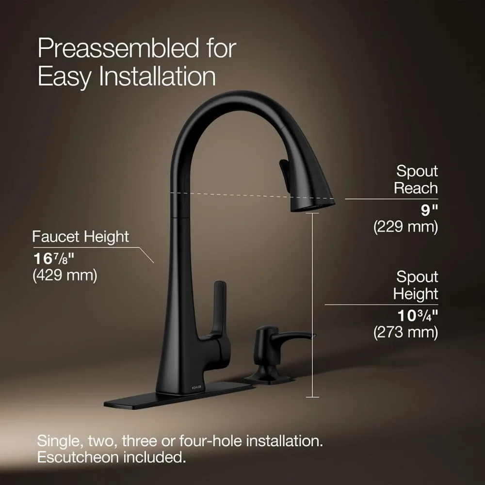 Kohler Maxton Torneira de cozinha removível preta fosca com dispensador de sabonete e pulverizador