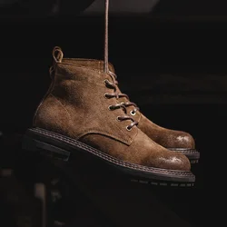 Maden Men Vintage Split Suede Fleece-lined Boots Brown High-Top Work Boots Lace-Up Desert Ankle Rugged Sole Boots Outdoor Shoes