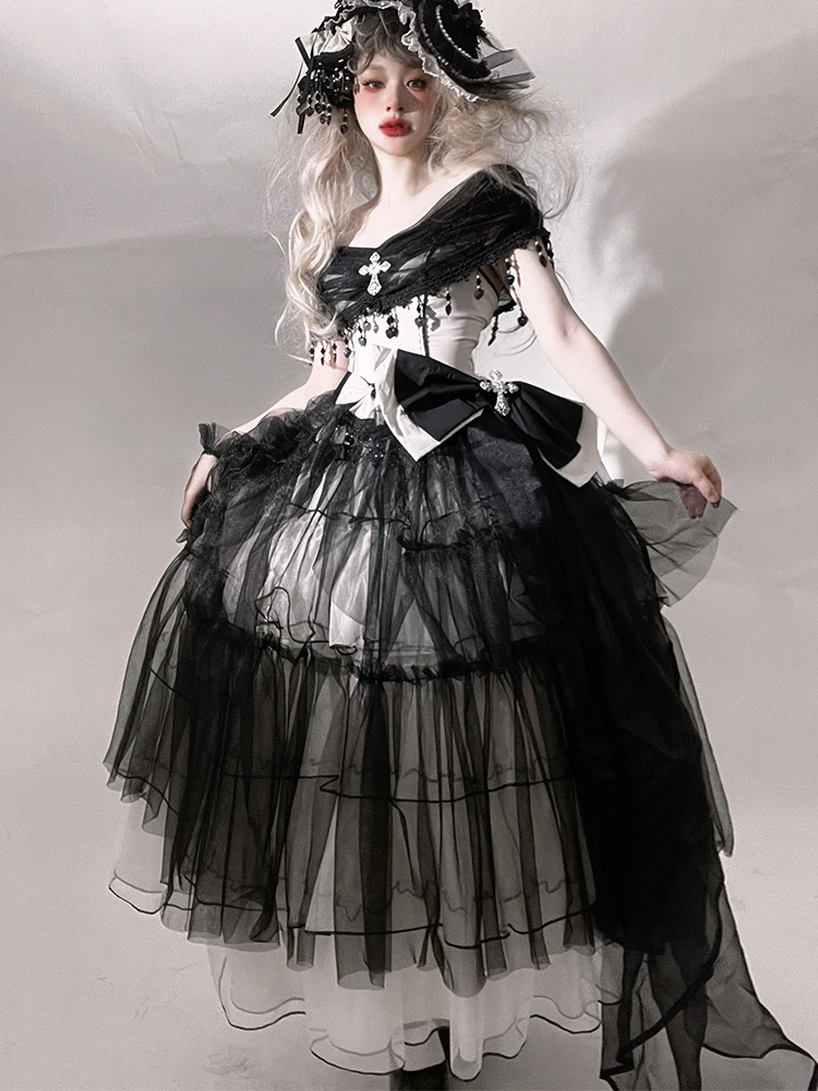 Lolita Design Gothic Flower Wedding One-shoulder Elegant Long Dress JSK Gauze Cross Dress Birthday Party Princess