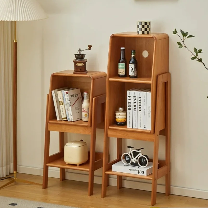 Nordic Solid Wood Bookshelf Living Room Side Table Storage Rack Grid Display Cabinet for Small Apartment Minimalist TV Organizer