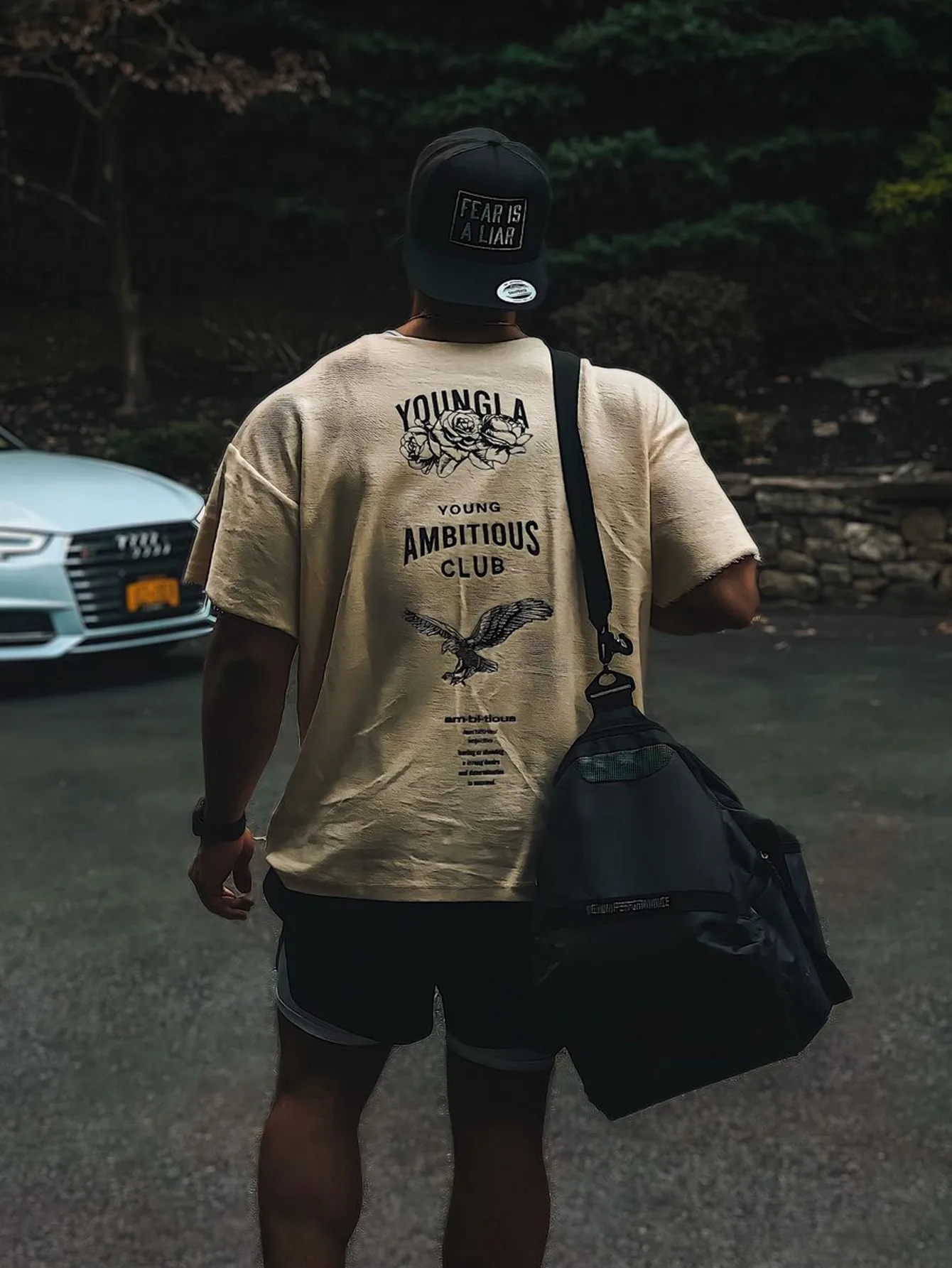 2024 Men's Trendy Short Sleeves Fitness Print Large Collar Damaged Top Loop Pure Cotton Style Heavyweight Short Sleeve T-shirt