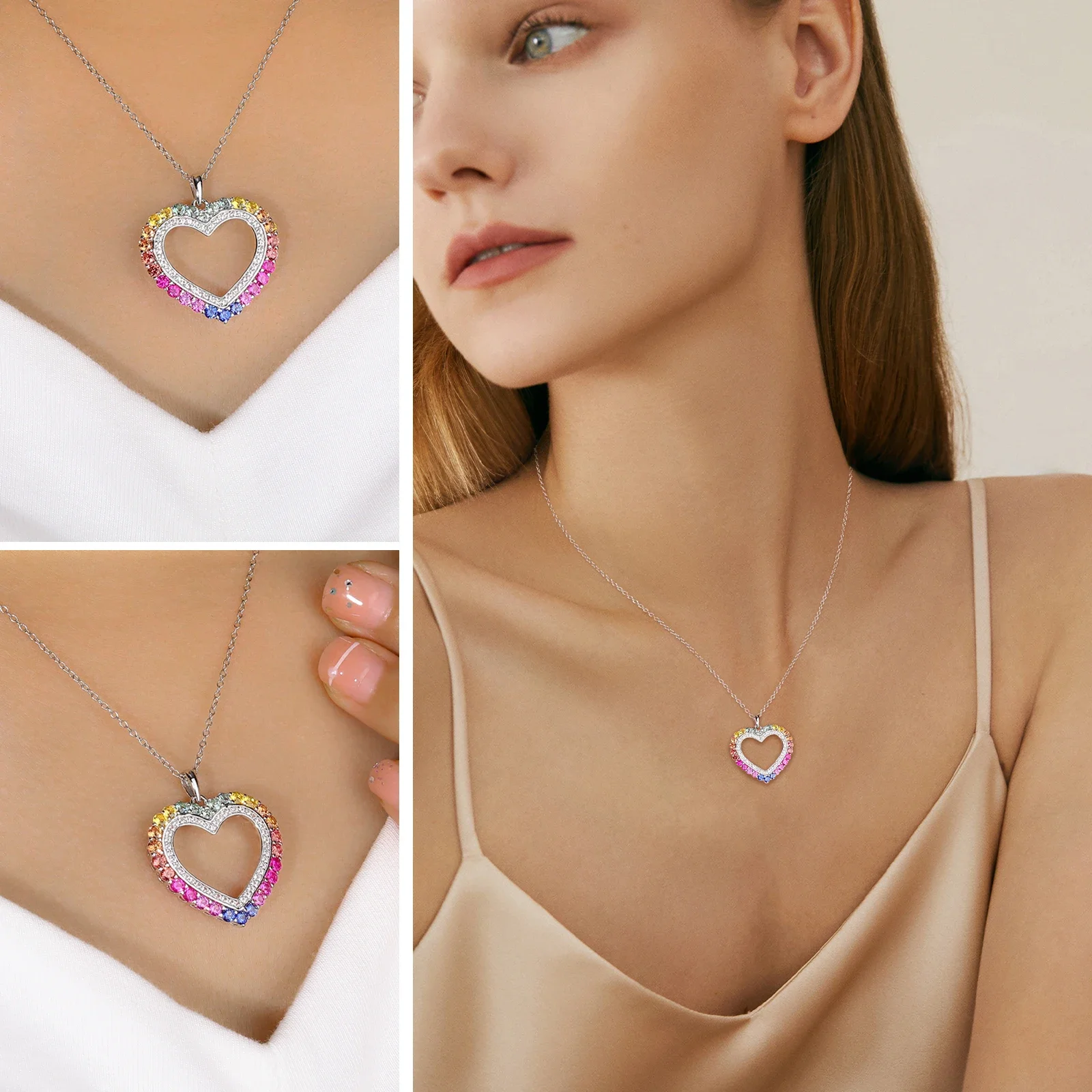 GZ ZONGFA Rainbow Corundum 27x29mm Hollow Out Heart Shape Pendant Necklace 925 Sterling Silver Love for Couple Mother Women