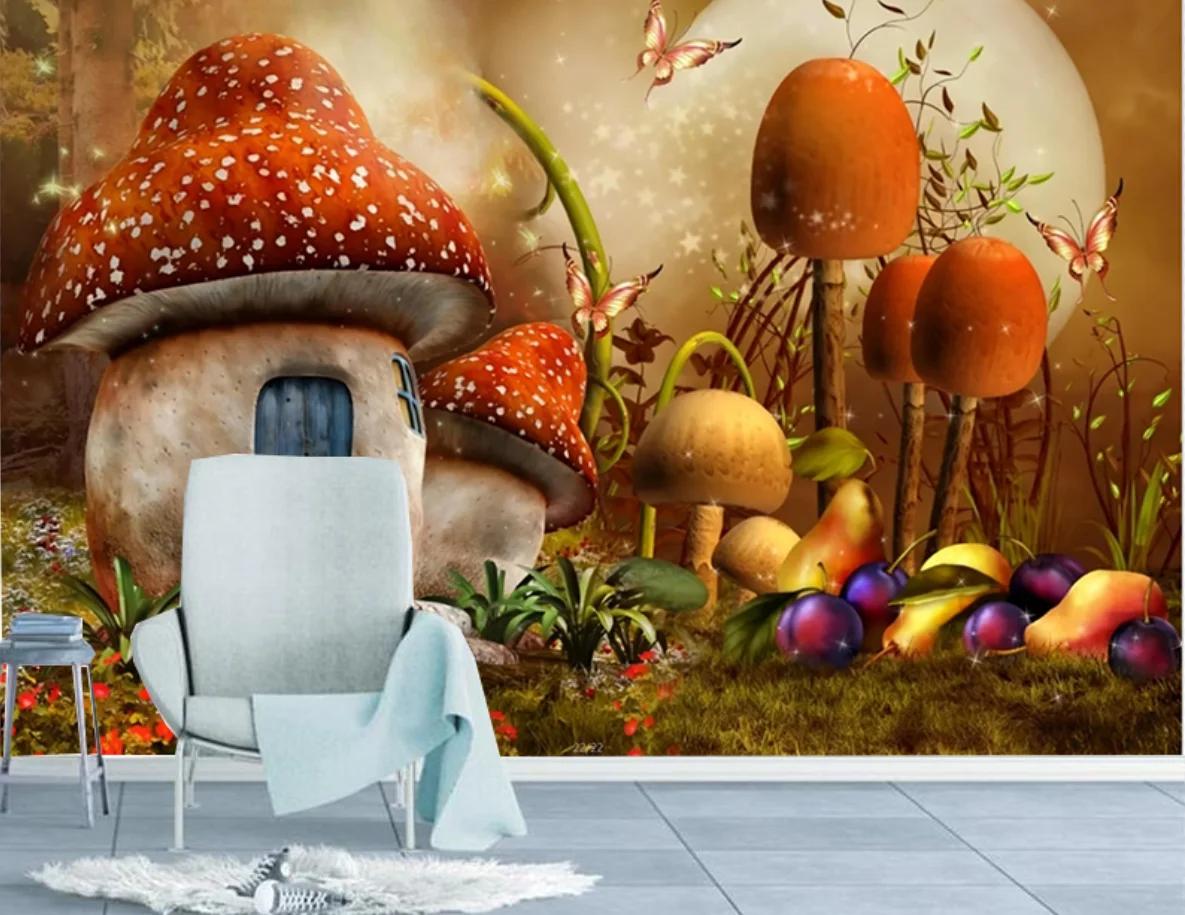 Custom wallpaper cartoon children's background wall murals forest mushroom house  wallpaper Deer white pigeon flower wallpaper