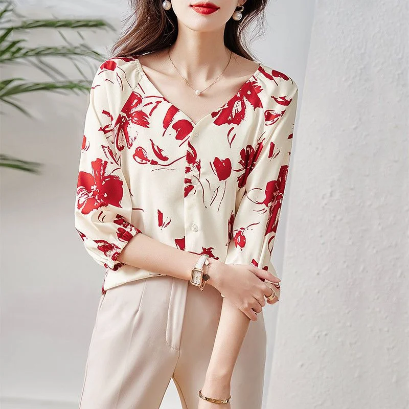 Women\'s Clothing Floral Print Elegant Business Casual Office Lady Button Up Shirt Summer V Neck 3/4 Sleeve Loose Blouse Chic Top