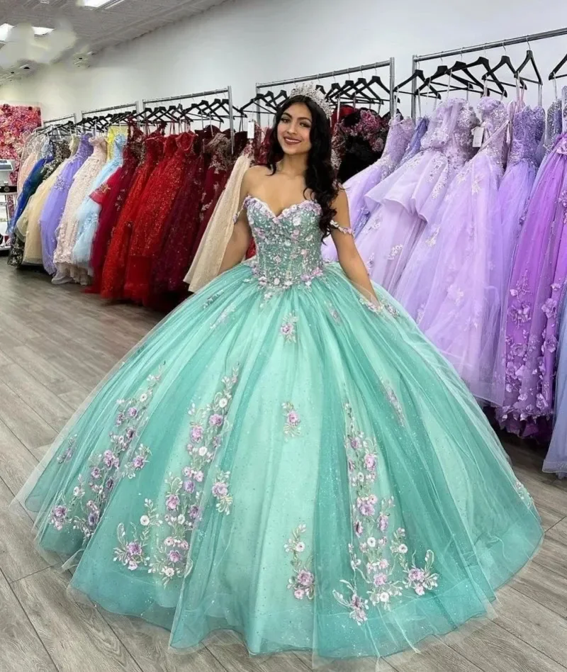 Vestidos Quinceanera Princesa Verde Menta, Apliques de renda fora do ombro, vestido de baile de cristal, Sweet 16 Dress, Plus Size, 2024