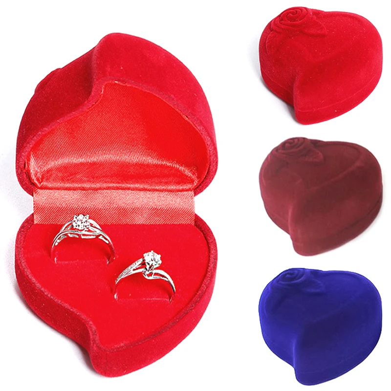 Flocking Heart Shape Ring Box Earrings Jewelry Packaging Gift Box Proposal Engagement Wedding Ring Box Jewelry Counter Display