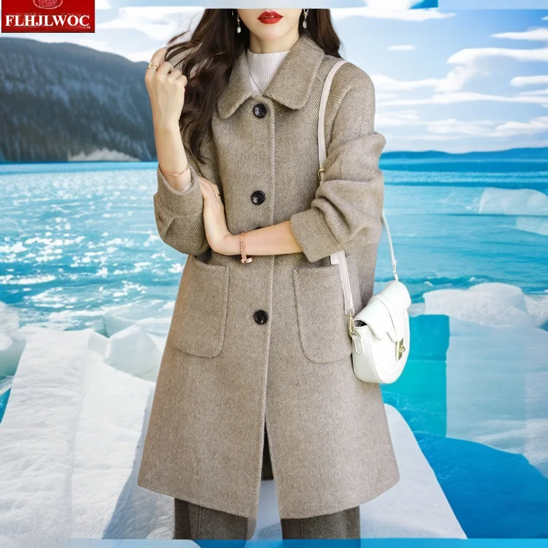 

Шикарная корейская шерстяная верхняя одежда Свободная посадка Повседневная куртка Пальто Осень Зима Женские длинные рукава с карманами Однотонные черные длинные пальто Thench