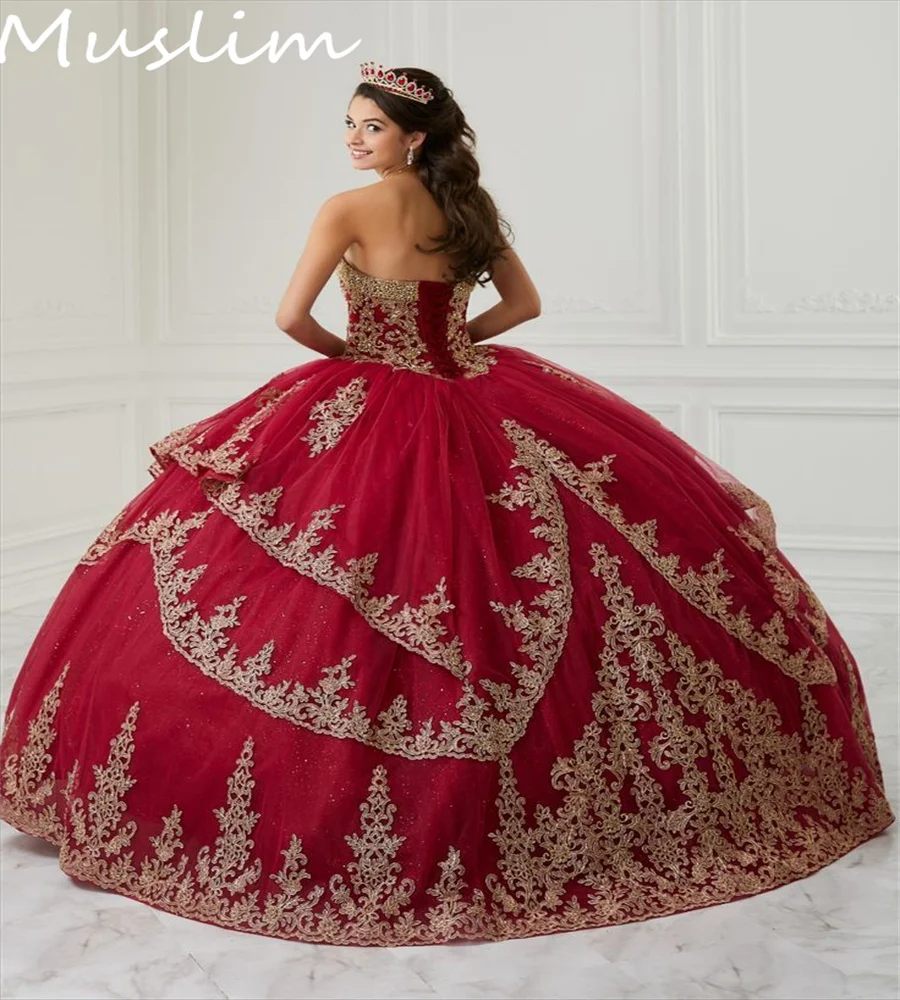 Princess Wine Red Quinceanera Dresses 2023 Luxury Sweetheart Gold Appliques Pageant Mexican Charro Xv Prom Gowns Sweet 15 Dress