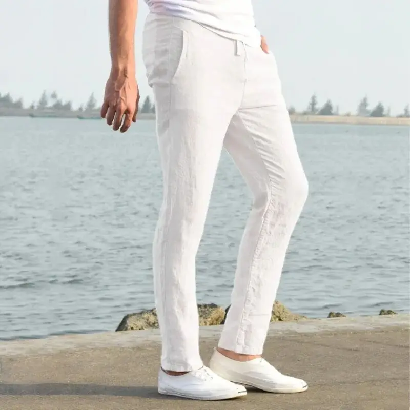 Summer Men's Cotton Linen Pants Joggers Sweatpants Streetwear Breathable Solid Color Linen Trousers Vacation Loose Pants S-5XL