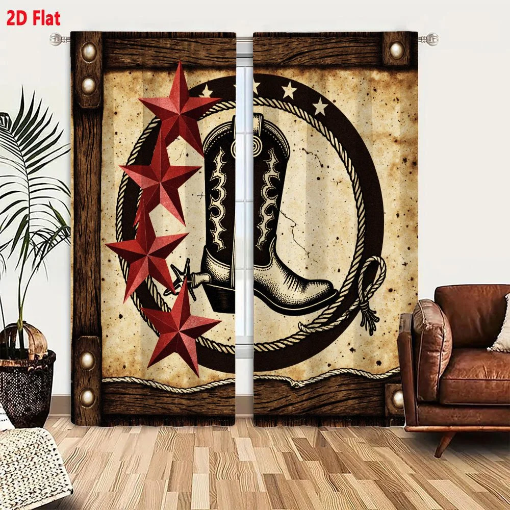 2Pcs Curtains 2D Flat WESTERN COWBOY BOOT DECORATIVE GRAPHIC RUSTIC BLACK WHITE ILLUSTRATION WITH ROPING STARS TEXTURED AGED PAP 2