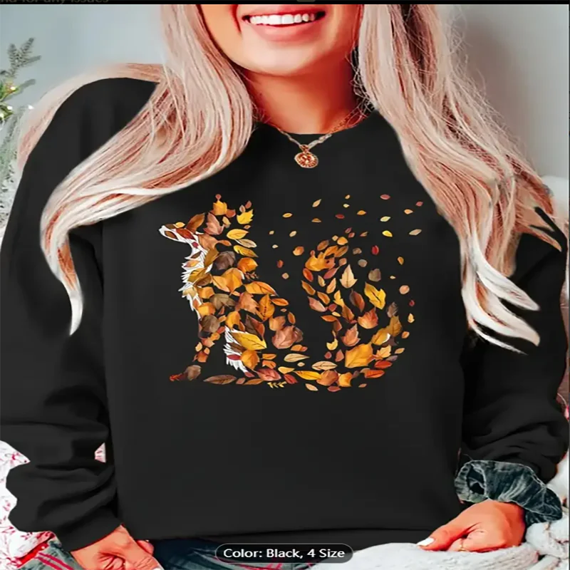 Womens Black Sweatshirt Autumn Leaf Wolf Graphic Print Casual Oversized Pullover Top for Nature Lovers Pure Cotton Comfortable