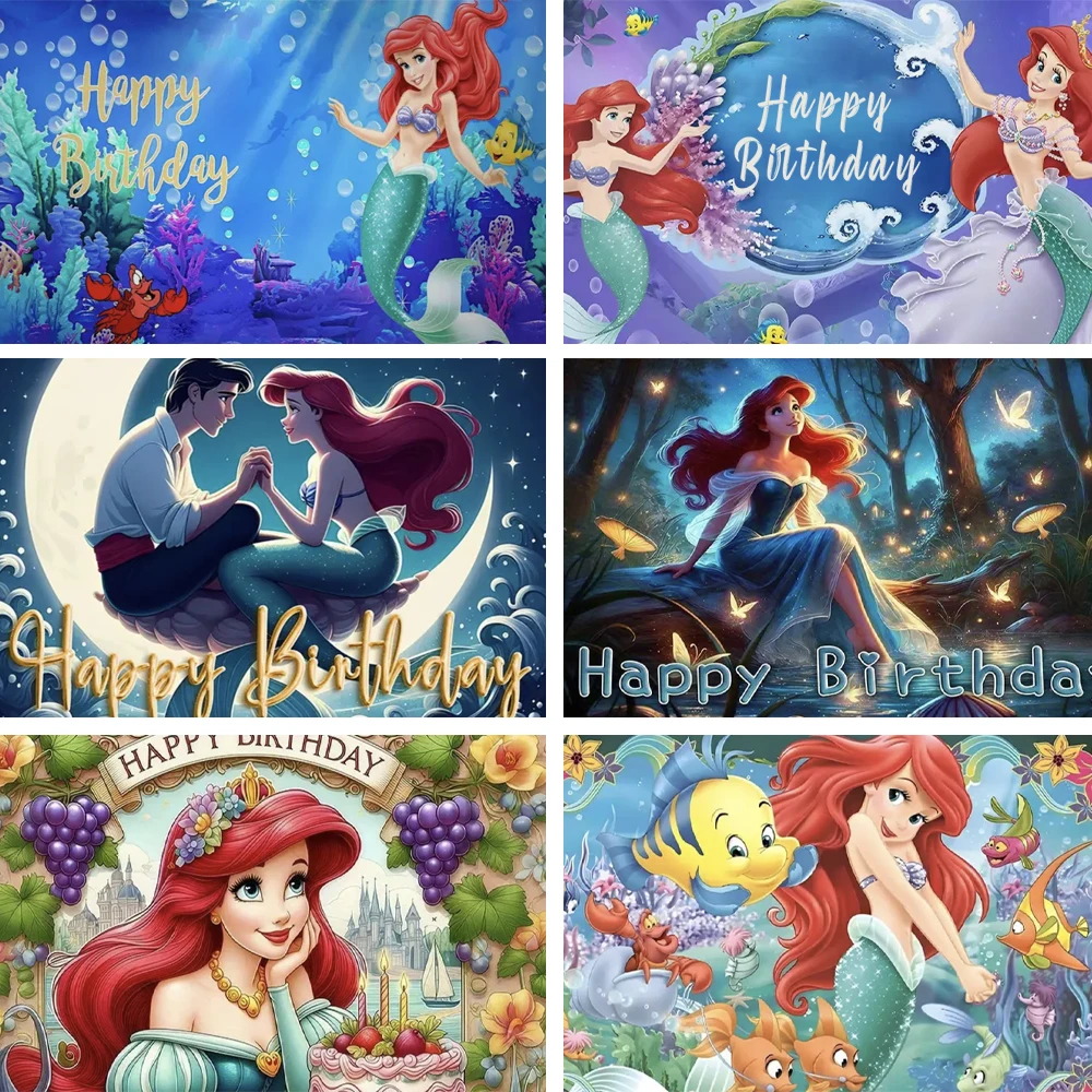 

Disney Mermaid Theme Birthday Party Backdrop Children's Decoration Supplies Background Baby Shower Decor PropPhoto Poster Banner