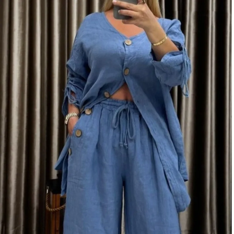 Conjuntos de dos piezas de lino y algodón a la moda para mujer, conjuntos de pantalones informales holgados lisos, cárdigan, pantalones de pierna ancha de cintura alta, conjunto de 2 piezas
