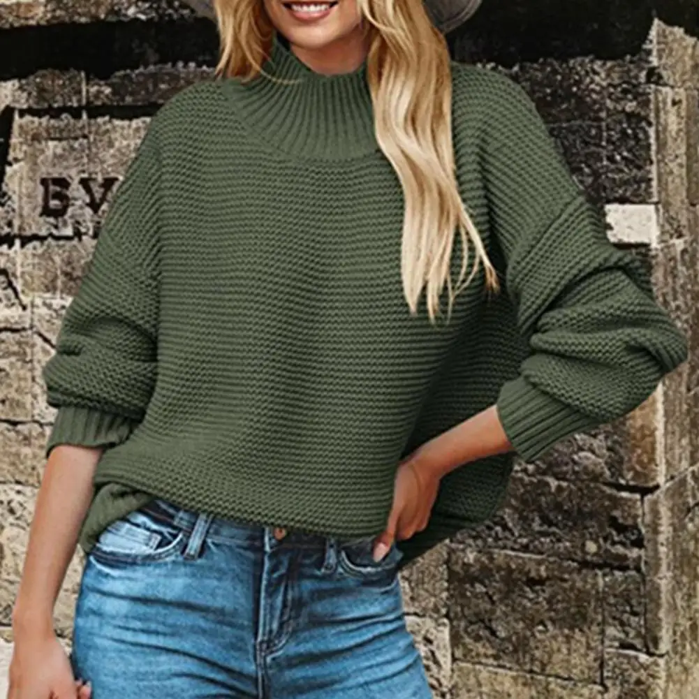 Knitted Texture Decoration Sweater Chic Oversized Pullover Sweater Women's Casual Knitting Tops with Half High Collar Long