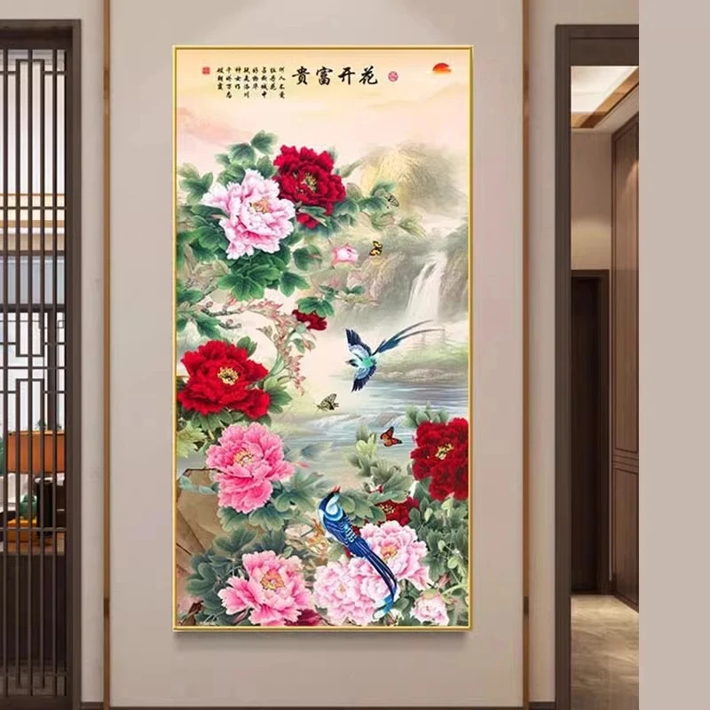 Chinese style rich peony flower corridor aisle canvas painting landscape painting home decoration, no frame