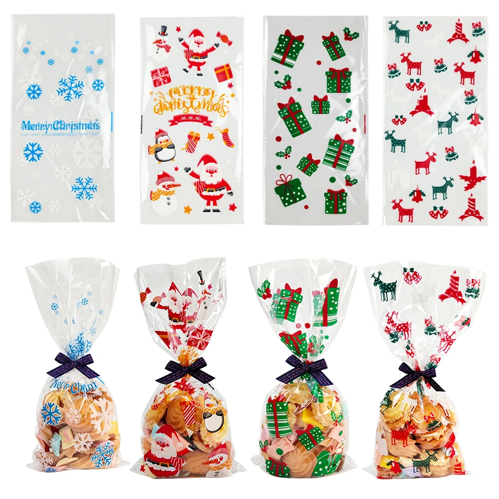 Bolsas de dulces de Navidad de 50 piezas, bolsa de embalaje transparente de Papá Noel, muñeco de nieve, alce, galleta, regalo de Navidad, decoración de fiesta de Navidad Diy, Año Nuevo