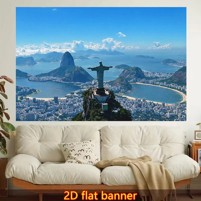 Rio de Janeiro Christ the Redeemer Panoramic Tapestry Wall Decor Art Print Brazil Tropical Travel Scene Wall Hanging Poster for