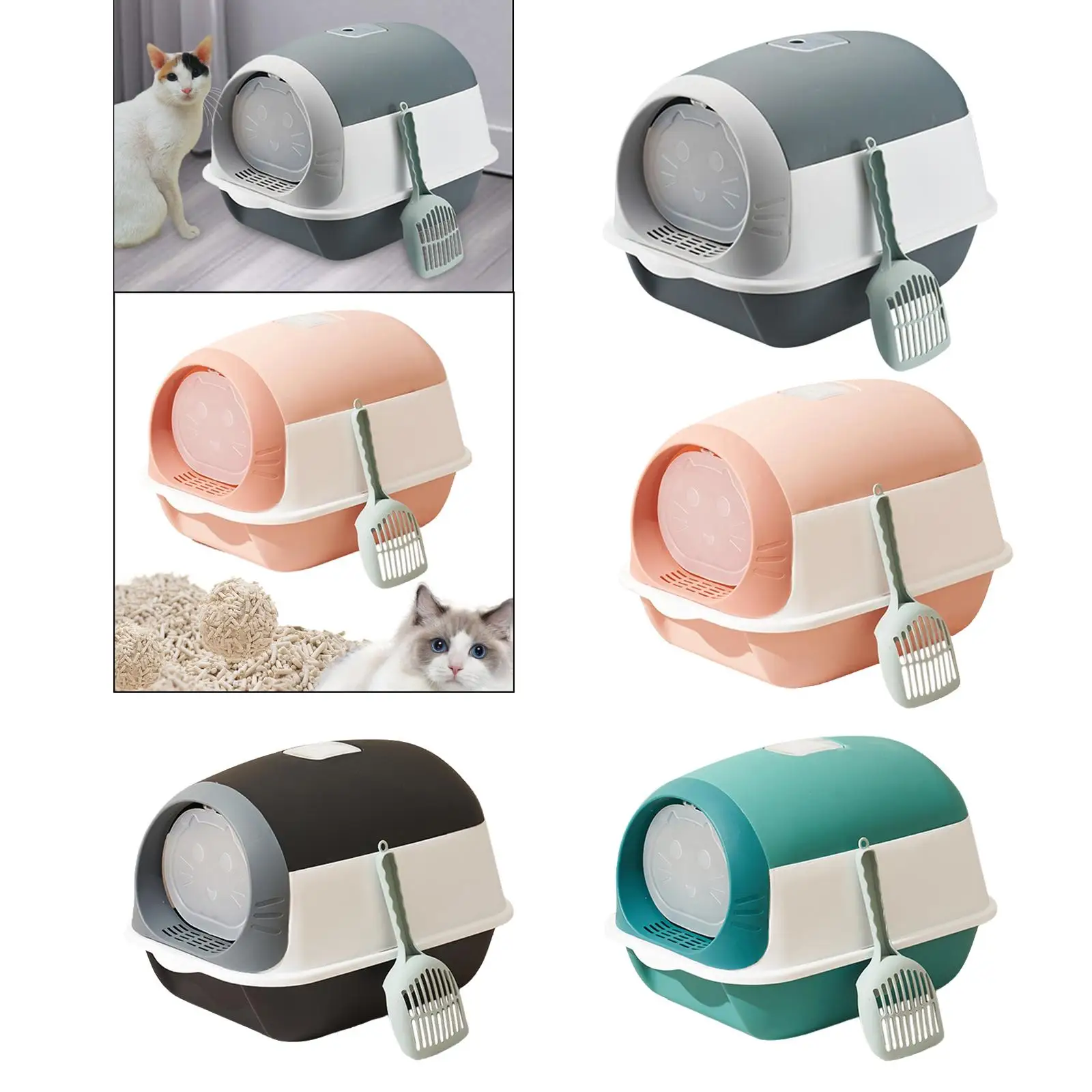 Fully Enclosed Cat Toilet Hooded Cat Sandbox Removable with Front Door Flap