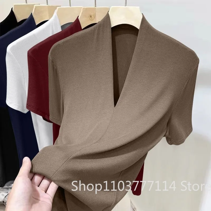 Sommerliches Damen-T-Shirt mit Kurzarm, Modisches Vielseitiges Basis-Shirt, Übergröße, Figurbetont, V-Ausschnitt, Lässiges und Sexy Oberteil – Detail 10