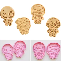 Cartoon Halloween Mummy Cookie Cutters Set Skull Skeleton Zombie Pressable Fondant Stamp Mold Halloween Party Cake Baking Tools