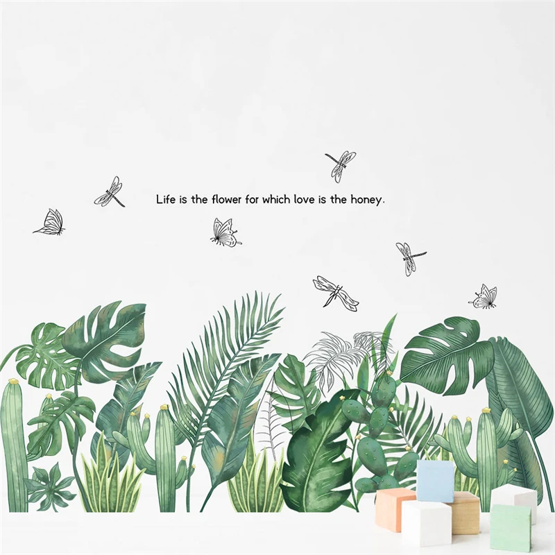 Green Leaf Butterfly Dragonfly Wall Stickers For Shop Office Home Decoration Tropical Plant Mural Art Pvc Decals Pastoral Poster