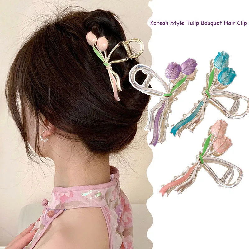 

Korean ins gentle Simple Metal Drip Oi Tulip Two Flower Hair Claws for Women Girls Summer Shark Clip Hair Accessories headdress