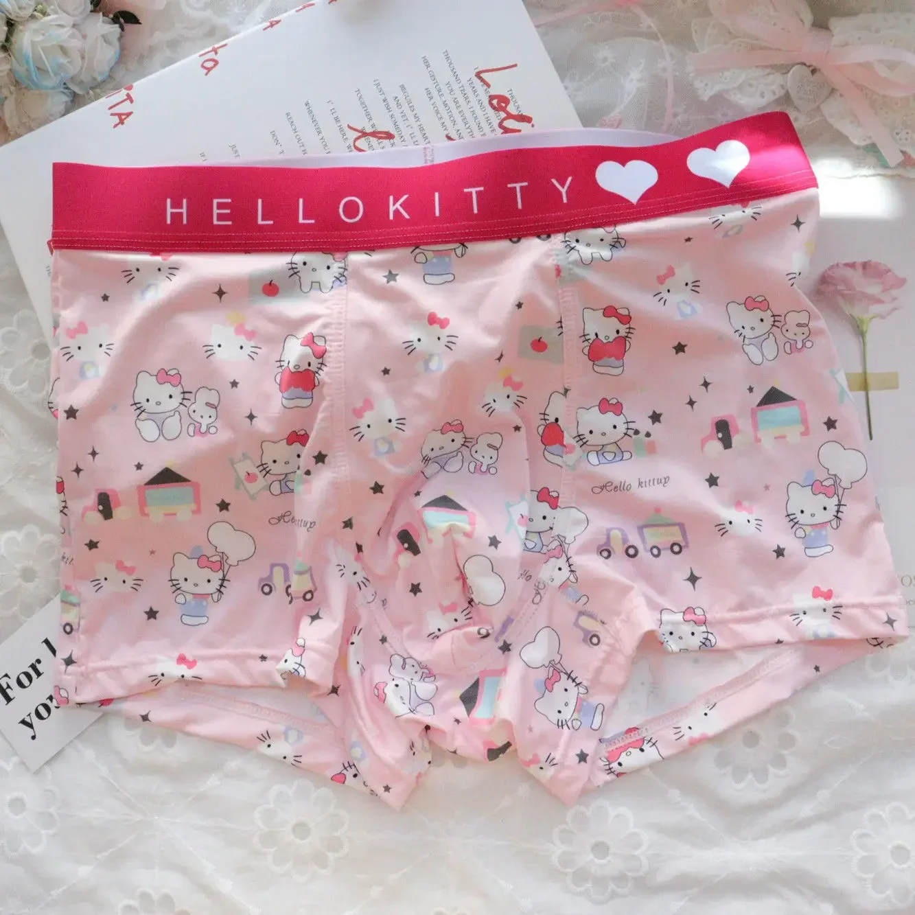 Sanrio Anime Men's Underwear Hello Kitty Kawaii Cartoon Pink Teen Underwear Men's Boxer Briefs Comfortable and Breathable