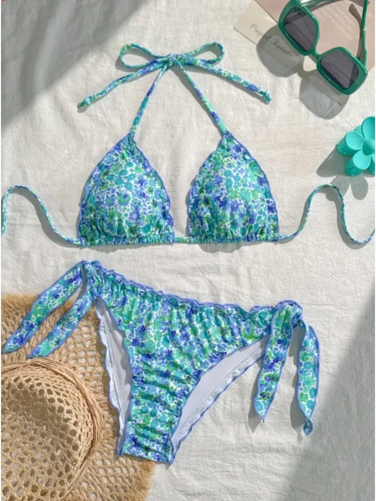 Women Cute Bikini Set 2025 New Summer Orange Floral Print Halter Ruffles Push Up Tie Side Thong Swimsuit Bathing Suit