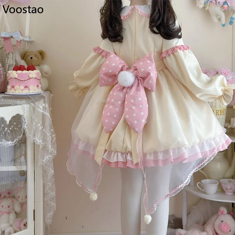 Vestido Kawaii Lolita OP para mujer, dulce lazo con volantes, conejito de dibujos animados, Mini vestidos de fiesta de manga larga, vestido de princesa gótico japonés para niñas