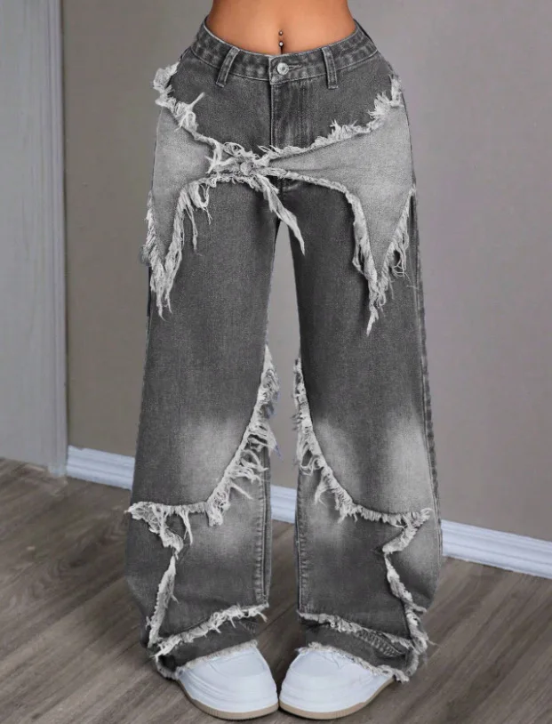 

Retro style patchwork washed denim jeans, trendy, personalized, fashionable, high waisted, floor length straight leg pants