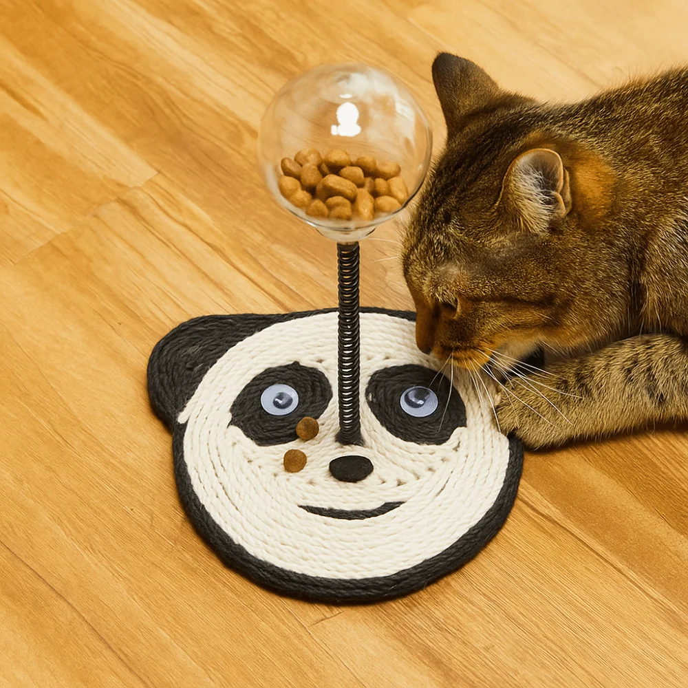 

Cartoon Cat Treat Ball with Scratcher Spring Stand Sisal Base Cat Treat Dispenser Toy Clear Ball Self Play