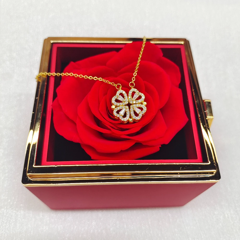 Rotating Roses Gift Box Clover Zirconia Bracelet Stainless Steel Personalized Pendant Forever Flower Valentine's Day Women Gift