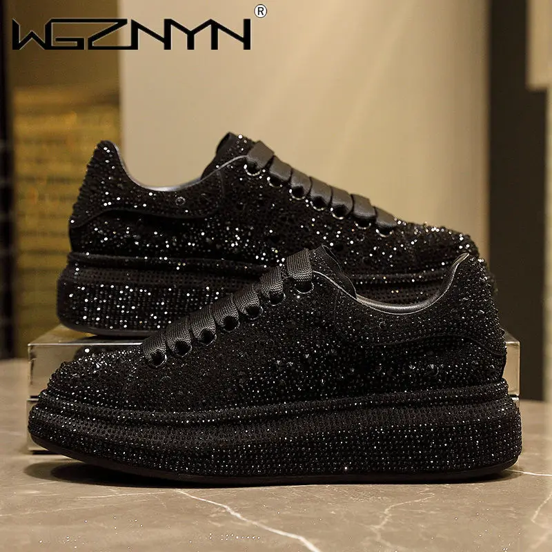 WGZNYN 2023 New Fashion Women Shoes Luxury Sports Shoes Women Designers Leather Shoes Silver Rhinestone Crystal Sneakers Tide