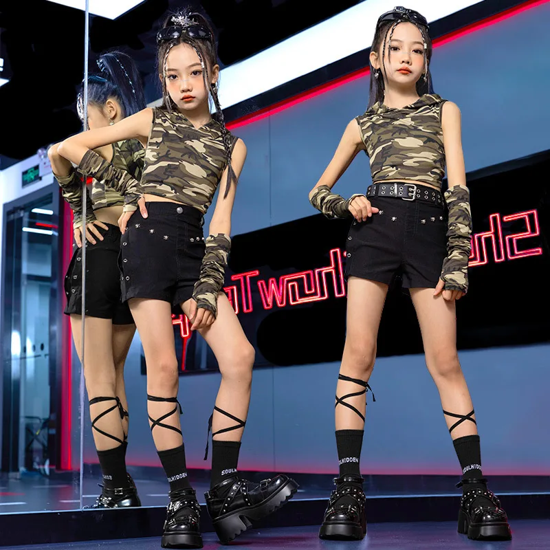 Chidren Summer Girls costume hip hop costume cotton camouflage short sleeve T-shirt Black Shorts 2 piece streetwear set Jazz per