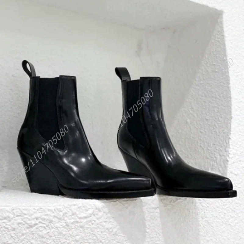 

Black Patent Leather Spike Heels Calf Boots Women Pointed Casual Office Lady Concise Cool British Style Girls Stretch Booties