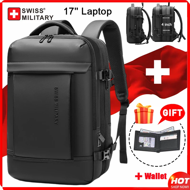 SWISS New Business Backpack Expandable USB Bag Waterproof Large 17 Inch Computer Backpack for Travel Urban Fashion Men Mochilas