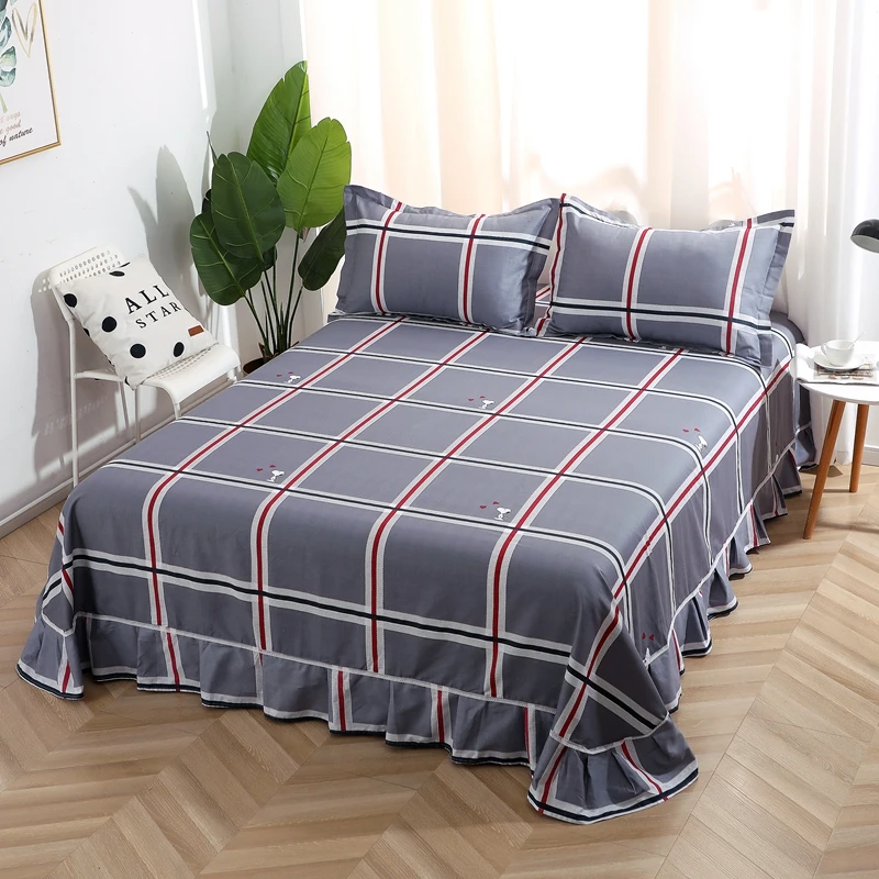 Simple Plaid Pattern Bed Skirt Set 3Pcs Cotton Bedding Home Bedroom Light Luxury Decor Breathable Skin-friendly Machine Washable