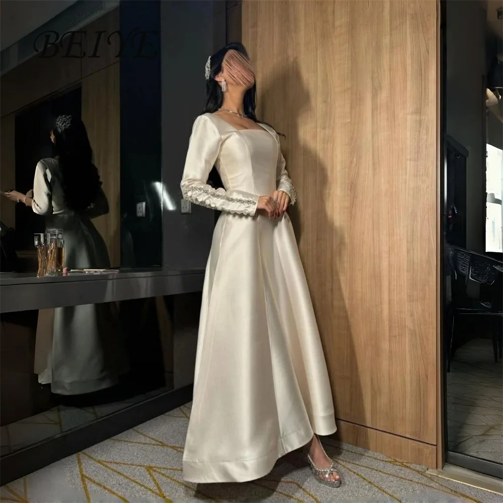 

BEIYE Vintage Rhinestones Long Sleeves A-Line Evening Dress Square Collar Formal Party Gown Customized فساتين سهرات