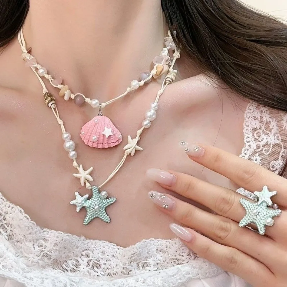 Bohemian Starfish Necklace Beach Surfer Dopamine Bead Starfish Shell Choker Splicing Colorful Trendy Beach Necklace Summer