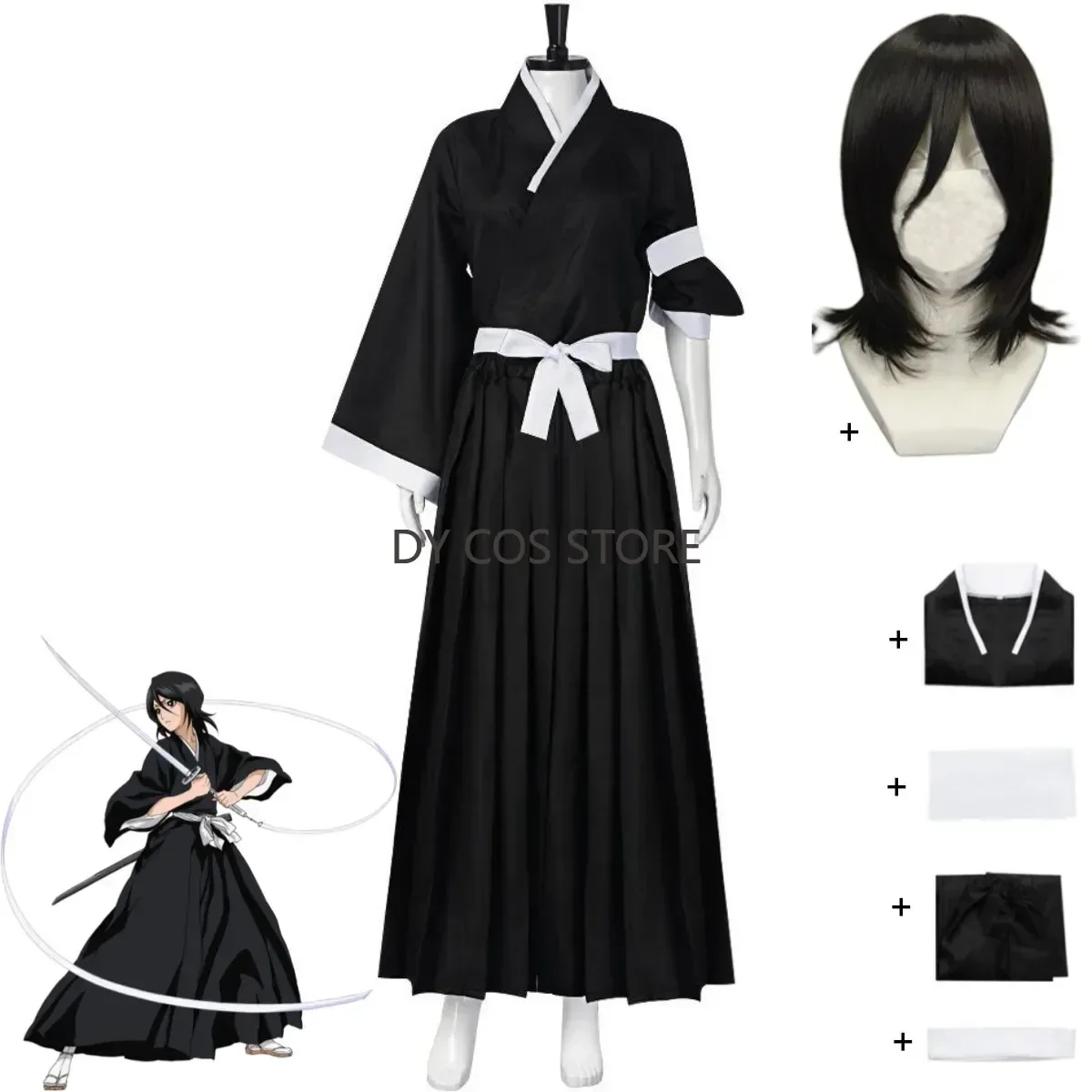 Disfraz de Anime BLEACH Kuchiki Rukia, uniforme tipo kimono negro japonés, peluca superior, traje de Halloween y Navidad para hombre y mujer adulto