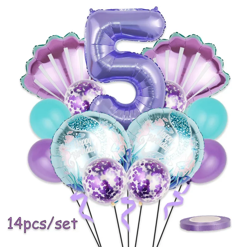 32inch Mermaid Birthday Balloons Set Purple Shell Foil Number Ballon Happy Girls Little Mermaid 1st 2nd 3rd 4th Birthday Balloon