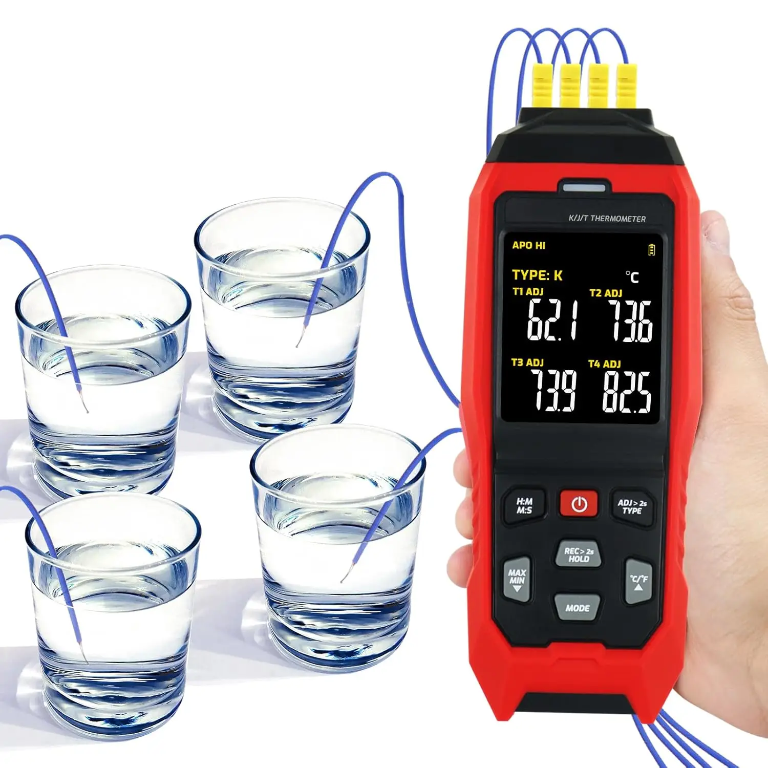 Thermocouple Thermometer 4-Channel K/J/T Types 5000 Groups Data Logging USB Export -328~2501F Range HVAC Alarm ADJ
