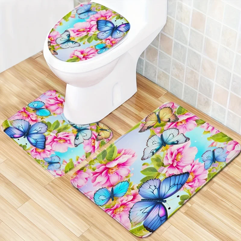 1/4pcs Floral Butterfly Pattern Shower Curtain Set, Waterproof Shower Curtain With 12 Hooks, Non-Slip Bath Rug, U-Shape Mat, Toi