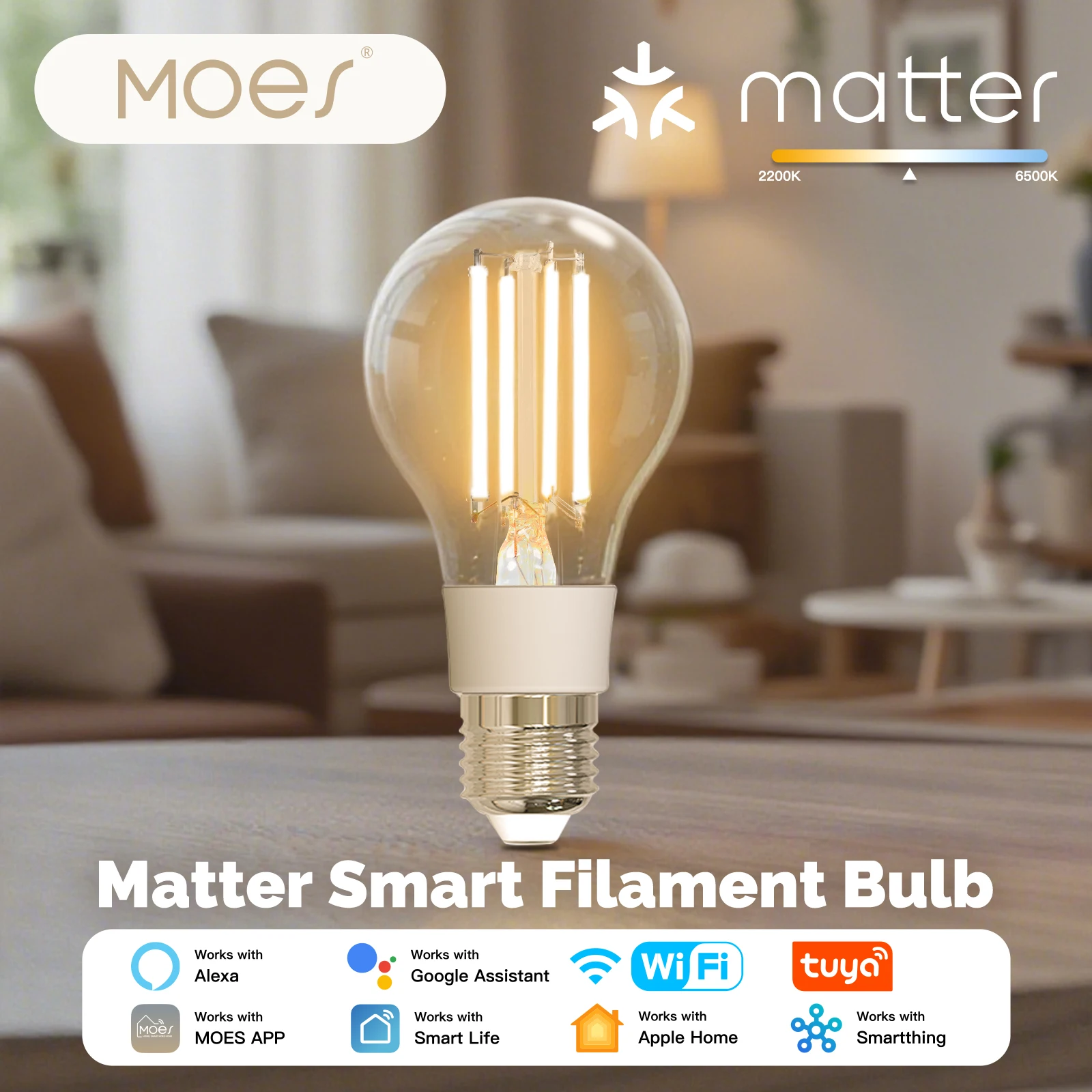 MOES Matter Smart Filament Bulb Color Temperature Energy Saving Biological Rhythm E27 7W Schedule Voice Remote Tuya APP Control