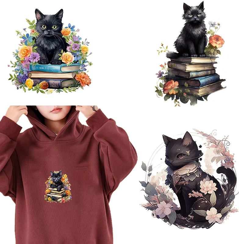 black cat see book dtf Heat Transfer iron on transfer for clothing Thermal for Clothing Iron On Patches For Clothing.