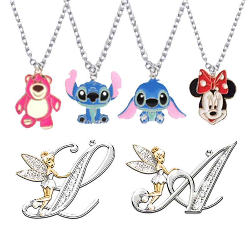 Disney Cartoon Stitch Necklace Minnie Tinkerbell Lotso Kawaii Metal Pendant Necklace for Kids Girls Gifts