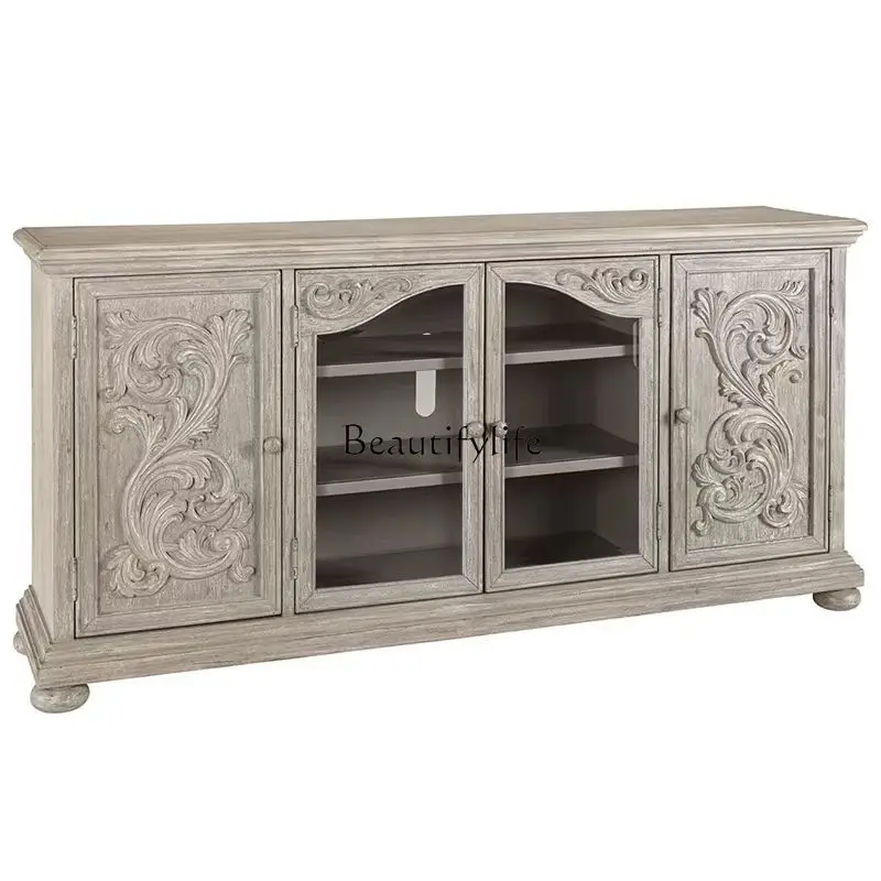

French retro TV cabinet small apartment living room solid wood side cabinet American carved glass