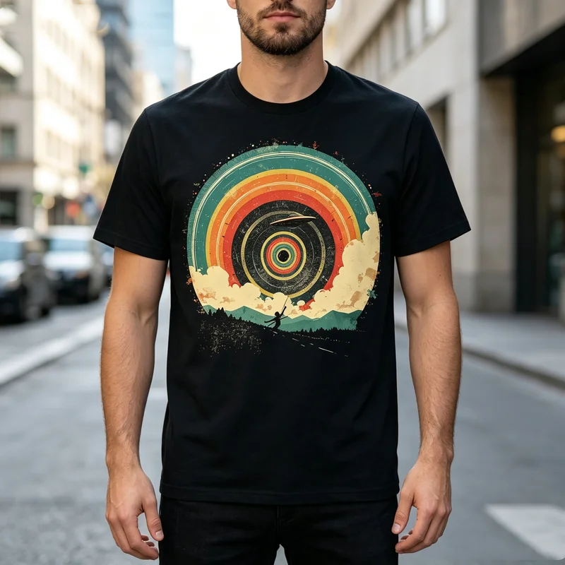 Vintage Record UFO Tee Retro Music Space Print Mens Cotton Short Sleeve Casual Streetwear  Y2k Top Oversized T Shirt