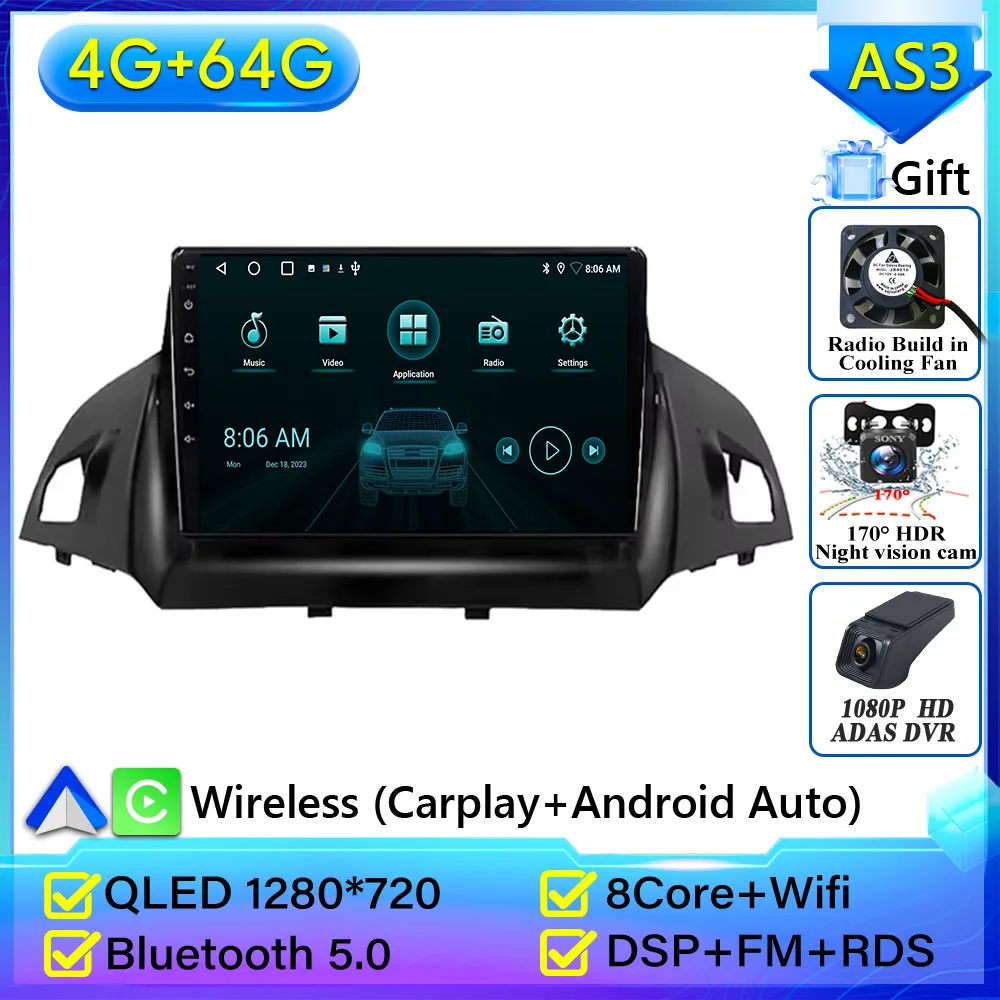 Autoradio Carplay Voor Ford C-MAX Kuga 2 Escape 3 2012-2019 Navigatie GPS Android Auto Bluetooth Multimedia Speler Geen 2din DVD